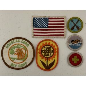 Early 1980's Girl Scout Vintage Patches Douglas Long Day Camp, Flag, Cookie Sale